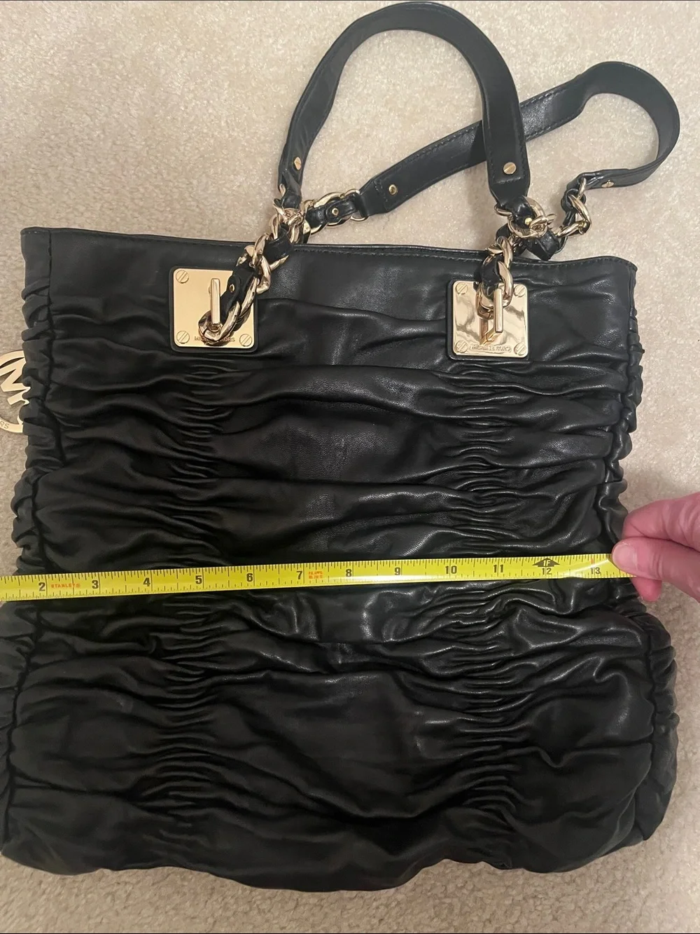 Michael Michael Kors Black Ruched Leather Shoulder Bag with Gold Accents